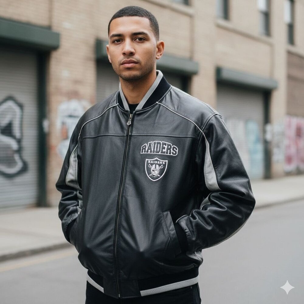Carl Banks G-III Vtg Raiders Leather Varsity Jacket Rare Black/Silver Medium